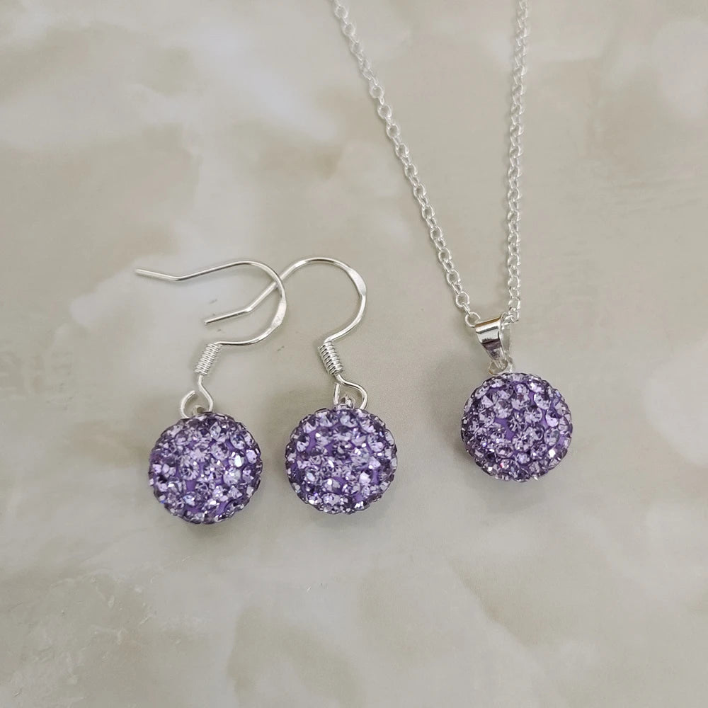 Brand Female Jewelry Set Women's Fashion Ab White Crystal 10mm Ball Drop Earrings Necklace Pendant Set Silver Color Wholesale