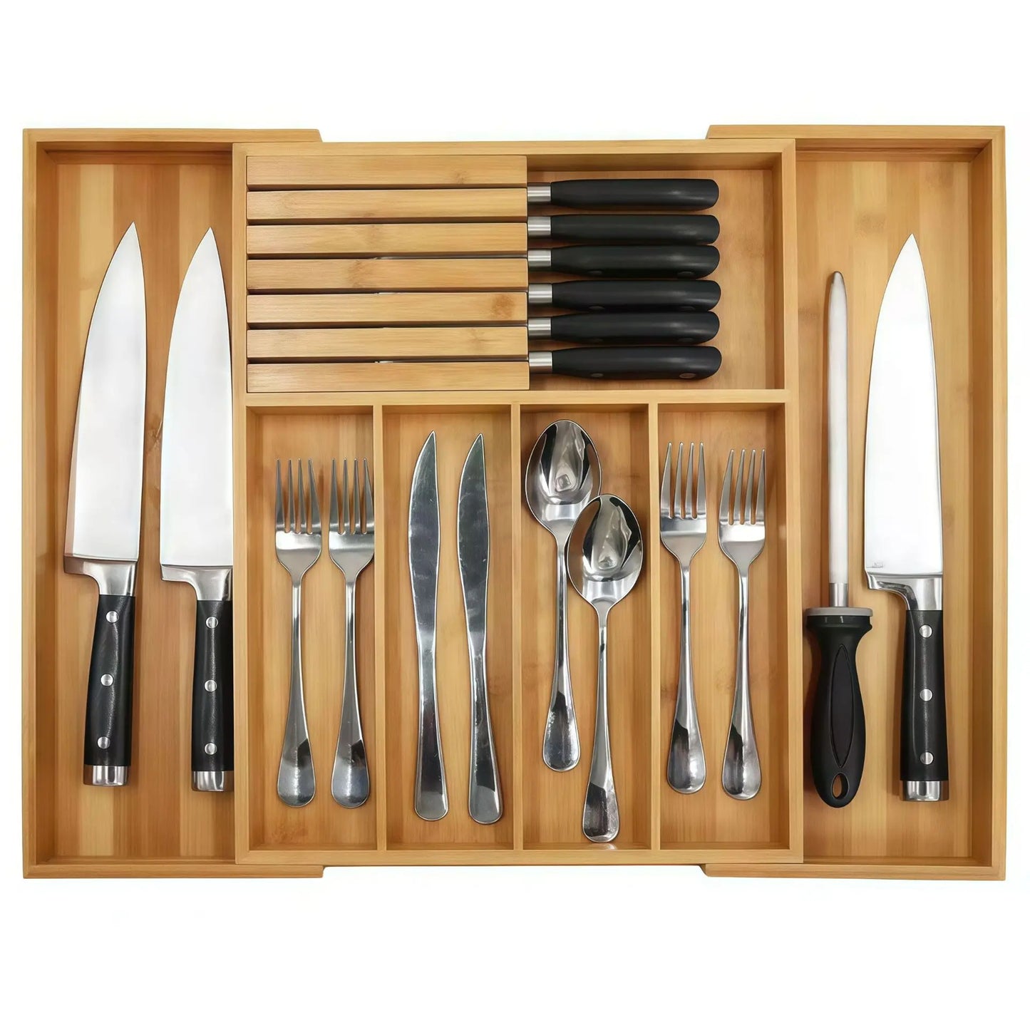 Adjustable Bamboo Cutlery Drawer Organizer for Kitchen Utensils Storage Tray Expandable Bamboo Utensil Holder for Kitchen Drawer