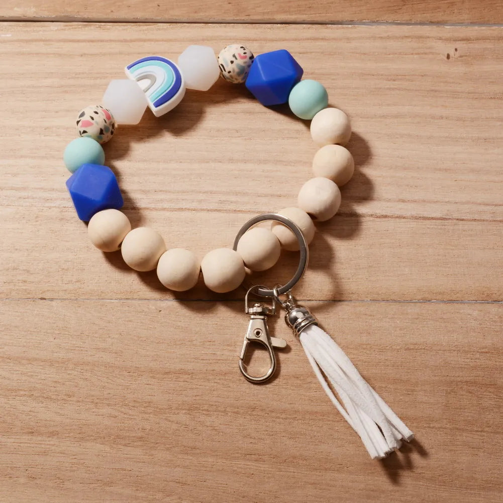 New Fashion Silicone Keychain For Keys Rainbow Color Silicone Beads Tassel Keyrings Women Men Beaded Bracelet Keychain Wholesale