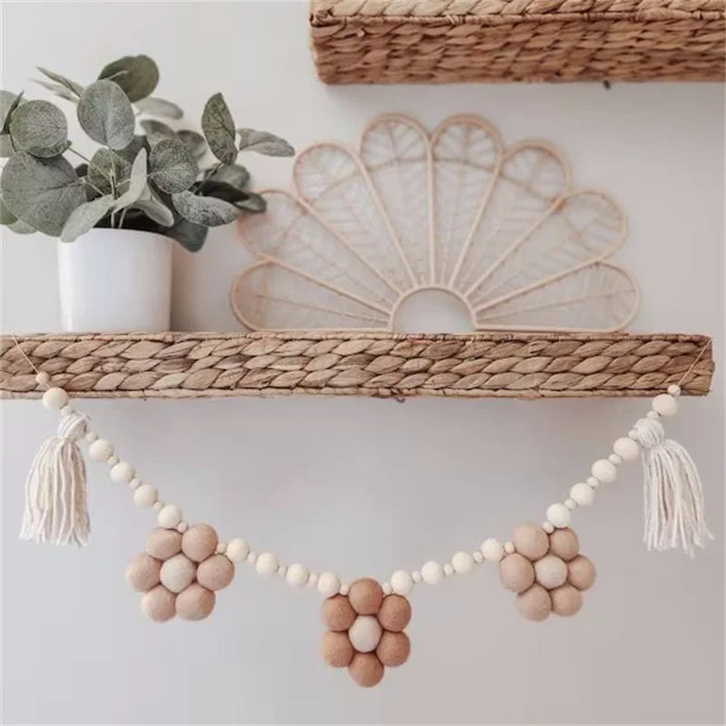 Bohemian Wool Felt Daisy Flower String Wooden Beads Garlands Baby Kids Room Wall Hanging Home Decor Nursery Decor Photo Props
