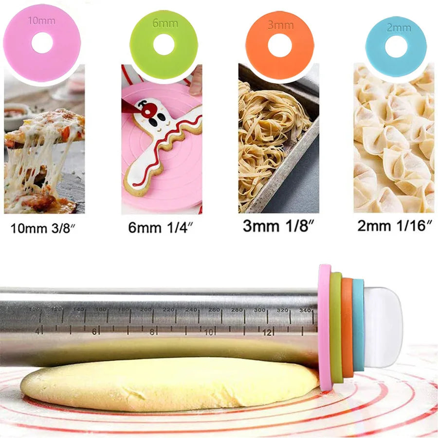 Tejesa 13.78 Inch Stainless Steel Adjustable Rolling Pin with 4 Thickness Removable Rings Dough Roller for Pizza Cookie Baking Tools
