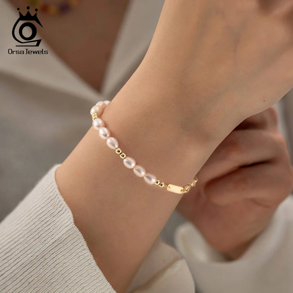 ORSA JEWELS Elegant 14K Gold Beads Bracelet 925 Sterling Silver Freshwater Pearl Chain Bracelets for Women Party Jewelry GPB36