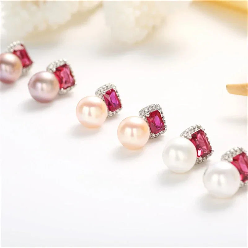 High Quality Red Zircon 925 Sterling Silver Earrings Jewelry 100% Genuine Natural Freshwater Pearl Stud Earrings for Women