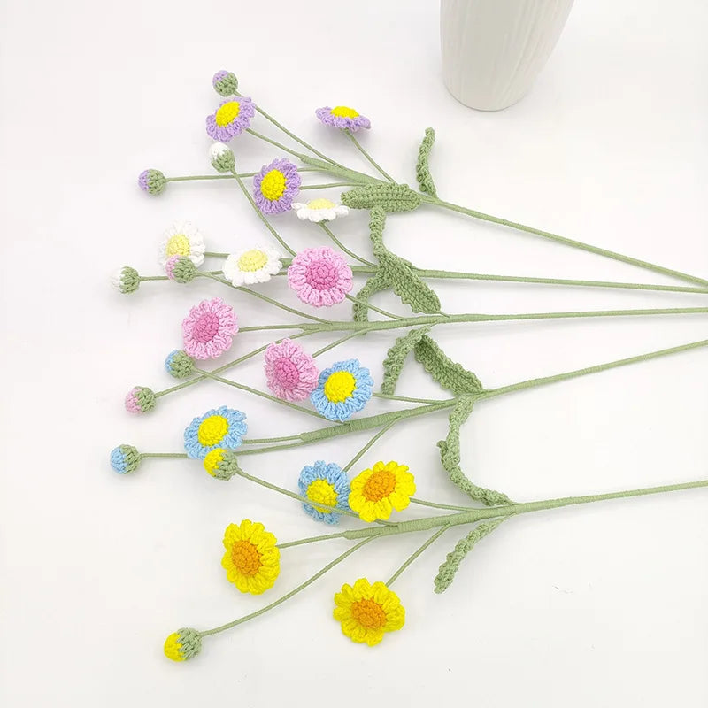Hemasa 3Pcs Daisy Crochet Flowers Bouquet Cute Knitting Flowers Creative Artificial Flower Handwoven Plant Table Home Decor