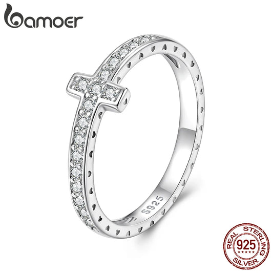 BAMOER Cross Moissanite Ring Stackable Full Eternity Sideways Band Ring D Color VVS1 for Women Engagement Religious Jewelry Gift