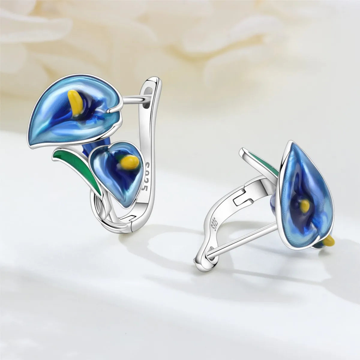 Orstarry S925 Sterling Silver Earrings Exquisite Blue Horseshoe Lotus Orchid Iris Flower Earrings For Women Birthday Gift