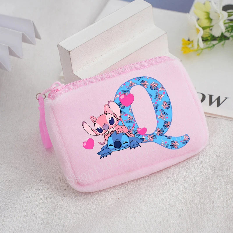 Disney Stitch Plush Coin Purse Cute Anime Cartoon A-Z Letter Stich Printed Wallet Kawaii Girls Earphone Storage Zipper Bag Gifts