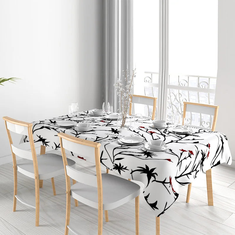 Minimalist Black/White Floral Dining Tablecloth for Home Decoration Elegant Decorative Table Linen Set with Four Napkins Various