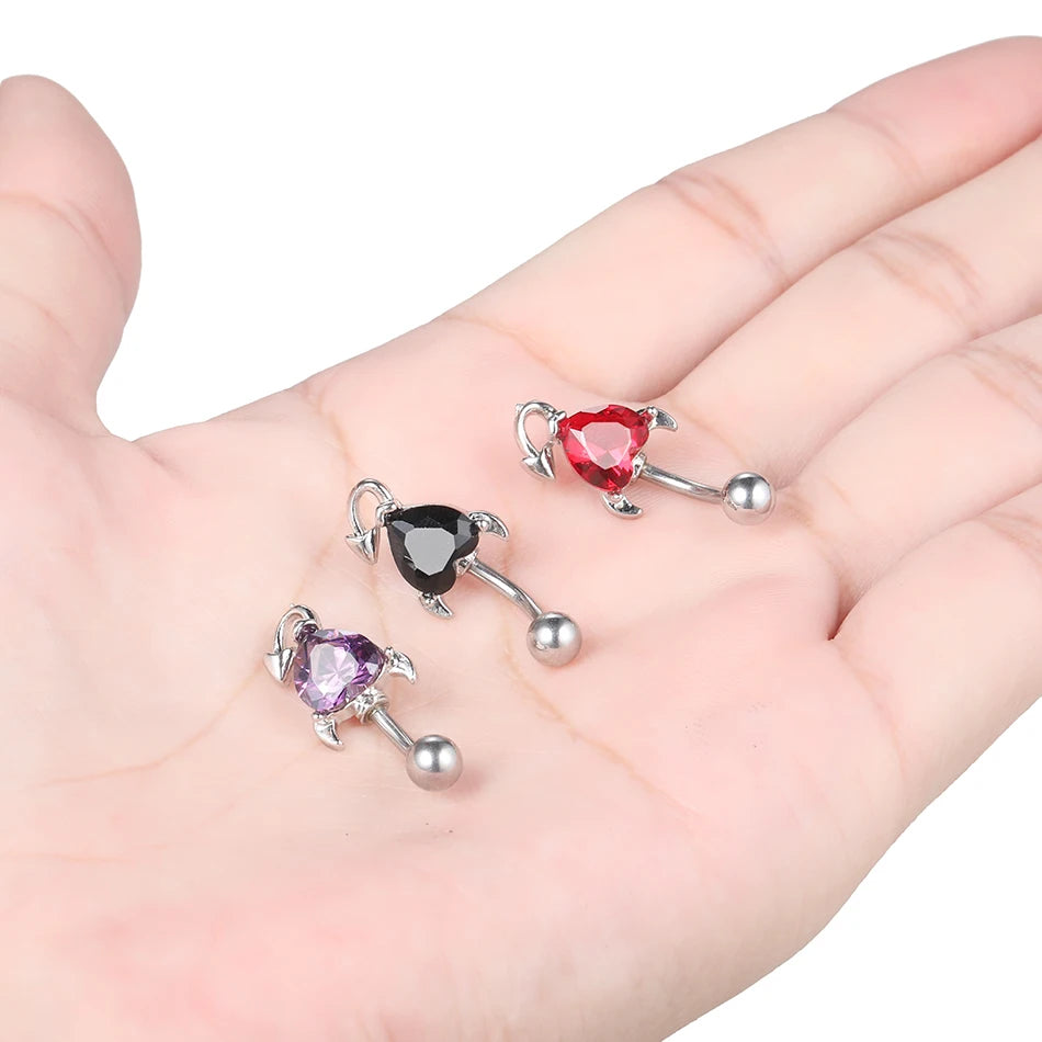 1PC Stainless Steel Heart Belly Button Ring Women Sexy Purple Red Zircon Demon Devil Navel Piercing Dangle Earring Body Jewelry