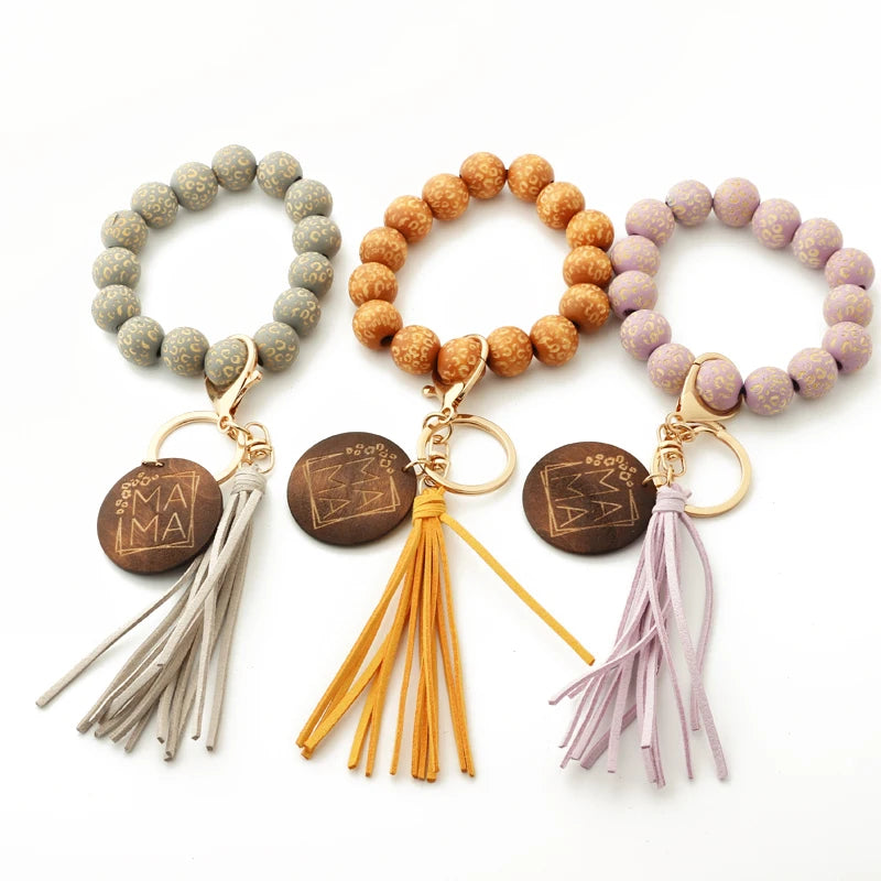 Hemasa Silicon Beads MAMA Monogram Wood Blank Wooden Disc Bracelet Tassel Keychain Wristlet Gift for Her Key Ring