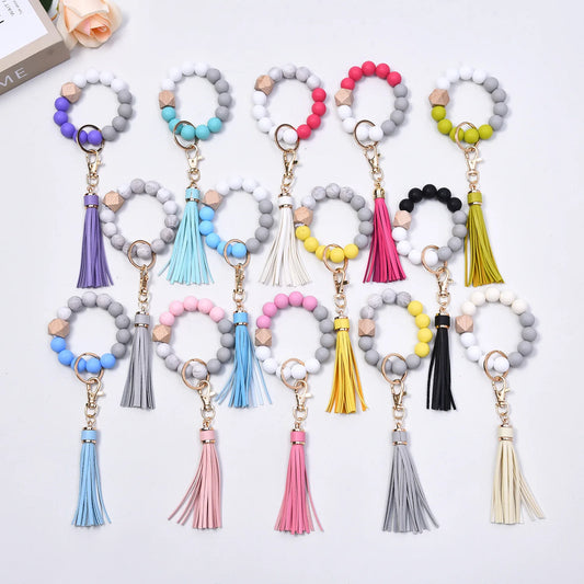 Tassel Wood Silicone Bead Bracelet Key Chain Female Women Hot Selling Bracelet Key Ring Wrist Bangle Keychains Accessory