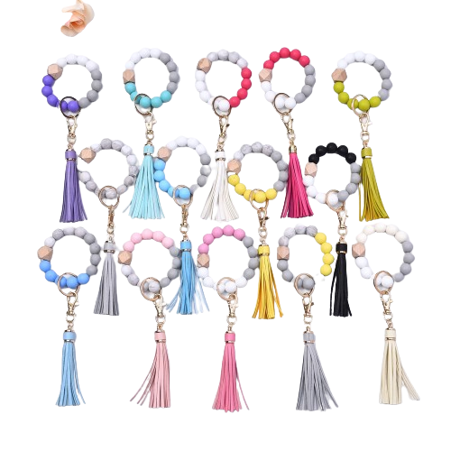 Tassel Wood Silicone Bead Bracelet Key Chain Female Women Hot Selling Bracelet Key Ring Wrist Bangle Keychains Accessory