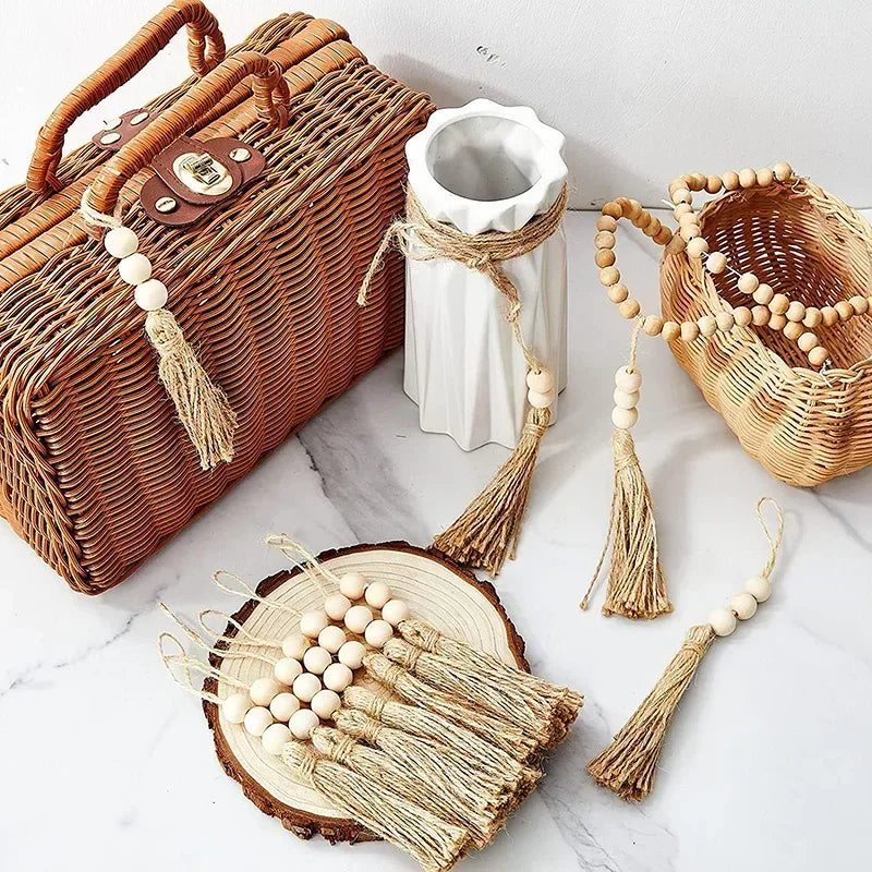 5pcs Jute Tassel with 3 Wood Beads Retro Country Bead String Twine Fringe for DIY Crafts Tassels Home Wedding Party Decor