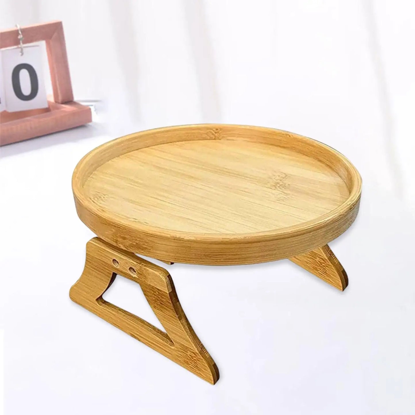 Hemasa Serving Tray with Foldable Legs Wooden Tray Sofa Armrest Clip-On Round Tray Folding Bed Table for Tea Remote Control Dessert