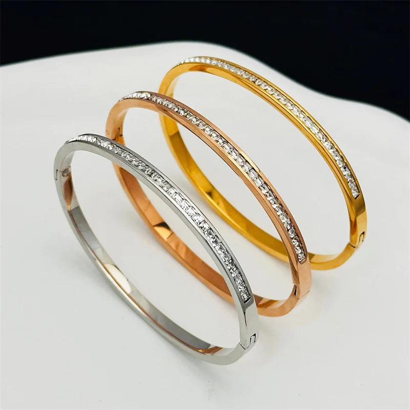 Stainless Steel Rhinestone Bangle Women Bracelet Jewelry Sisters Birthday Gift