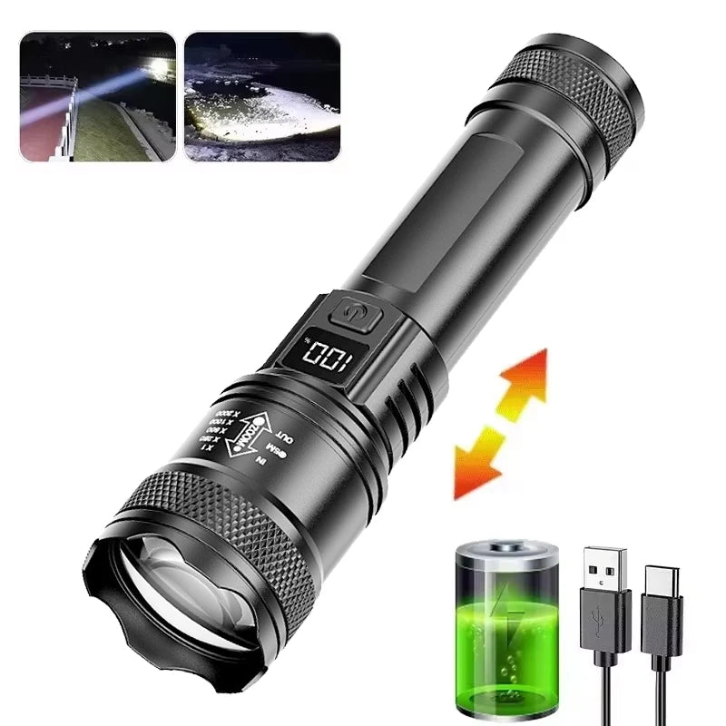 Hemasa LED Flashlight USB Rechargeable Torch with Display Zoomable Light with Battery Camping Hiking Lantern Emergency Lamp