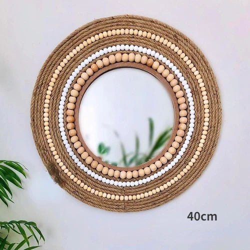 Moroccan Hemp Rope Wooden Bead Mirror Round Raffia Wall Hangings Ins Handmade Straw Decorations