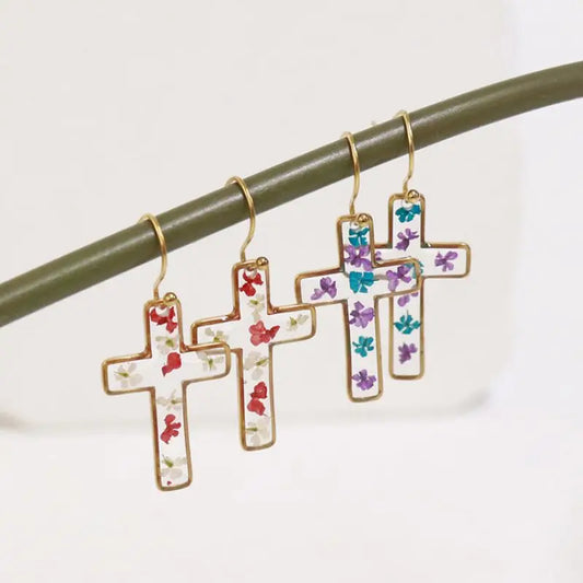 Unique Cross Earring With Flower Handmaking Epoxy Resin Pressed Flower Earring Natural Flower Statement Earring Jewelry 2024 New