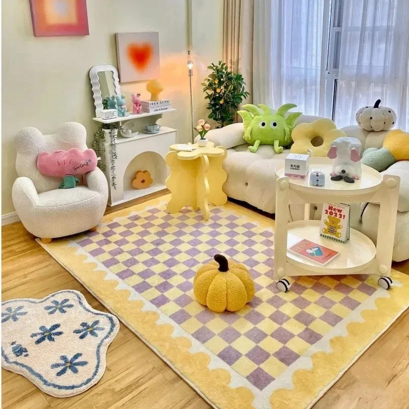 Tejesa Pink Blue Checkerboard Bedside Carpet Cute Dopamine Bedroom Rug Fashion Ins Advanced Light Luxury Soft Coffee Table Mat 러그 Tapis
