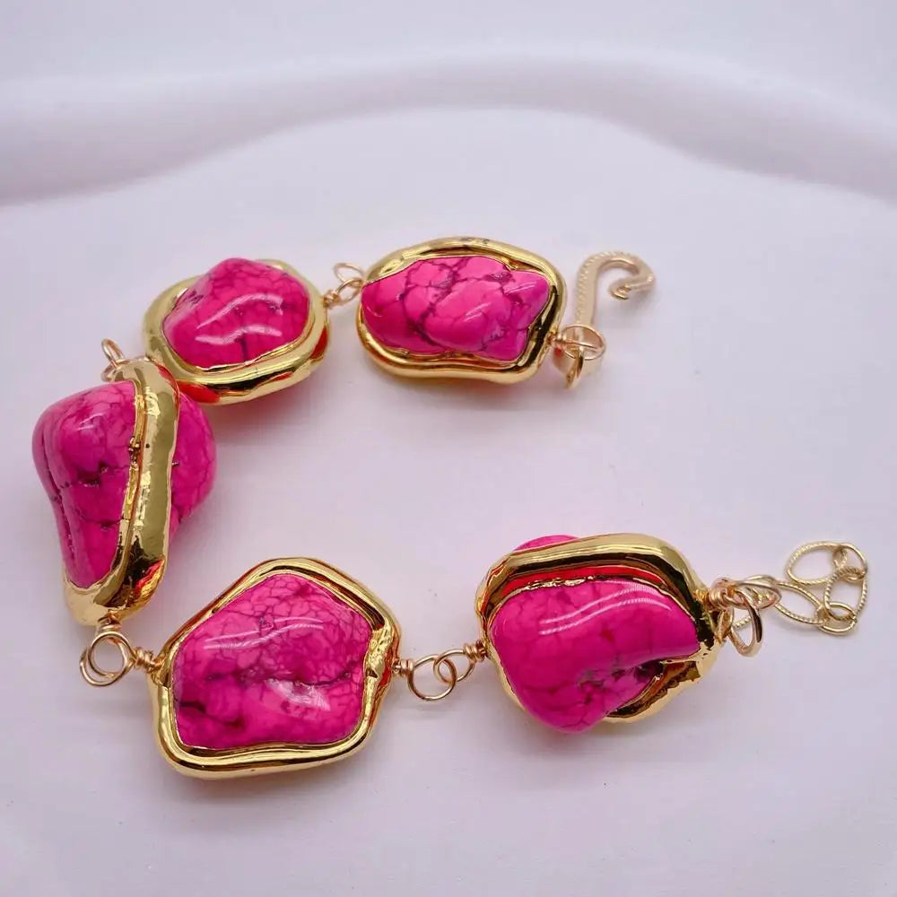 Y·YING Pink Turquoise Freeform Shaped With Gold Plated Bezel Beaded Bracelet