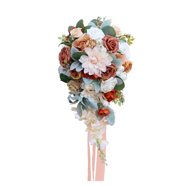 Tejesa Autumn Wedding Bouquet Vintage Terracotta Orange Sunflower Rose Bridal Cascading Bouquets for Fall Wedding Ceremony