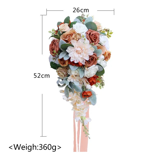 Tejesa Autumn Wedding Bouquet Vintage Terracotta Orange Sunflower Rose Bridal Cascading Bouquets for Fall Wedding Ceremony