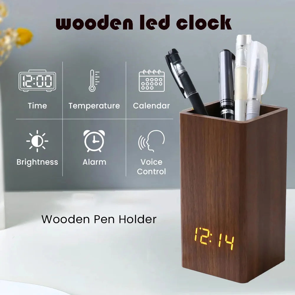 Tejesa Pencil Organizer Pen Holder Alarm Creative Simple Desktop Wooden Clock  Led Time Temperature Date Display Clock Home Decor