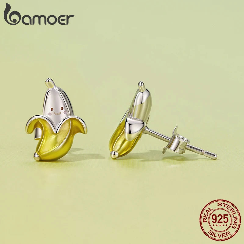 BAMOER 925 Sterling Silver Cute Banana Stud Earrings Enamel Yellow Fruit Earrings for Women Girls Funny Emotion Party Gifts