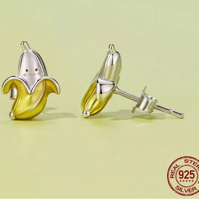 Tejesa 925 Sterling Silver Cute Banana Stud Earrings /namel Yellow Fruit Earrings for Women Girls