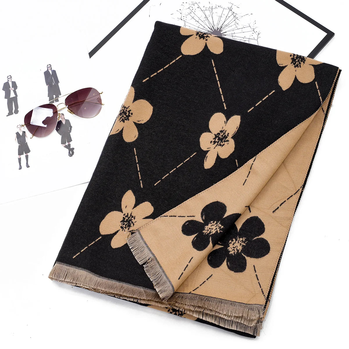 Hot selling imitation cashmere face dual color flower jacquard pashmina long style soft and warm casual short beard scarf shawl