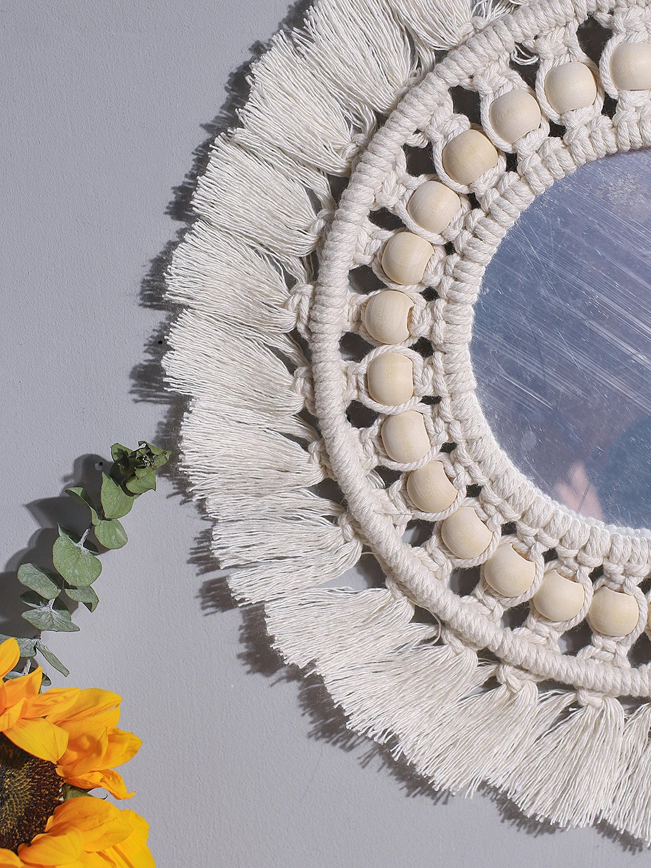 Hemasa Macrame Mirror Round Beige Wooden Beads Mirror Wall Boho Home Decoration Aesthetic Wall Decor Accessories Room Ornament Art Gift