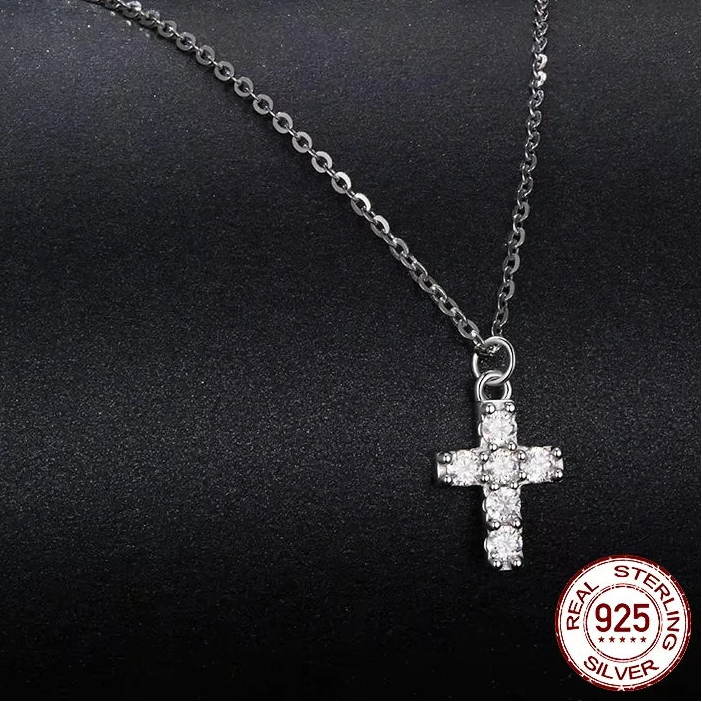 Tejesa White Gold Plated Moissanite Cross Necklace for Women, 925 Sterling Silver Small Religious Faith Cross Necklace Xmas Gift