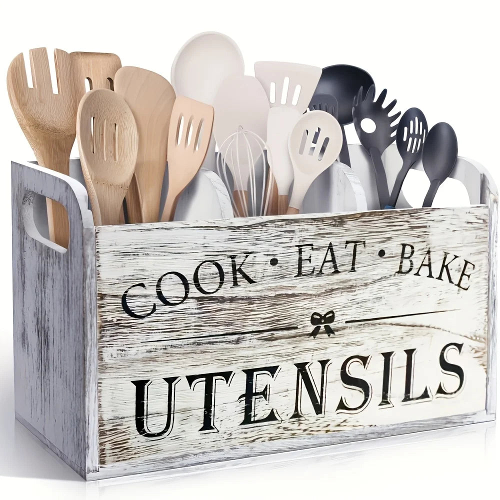 Kitchen Utensil Rack with Three Compartments Rustic Wooden Storage Box Vintage Tableware Farmhouse Dish Cabinet Forks Spoo