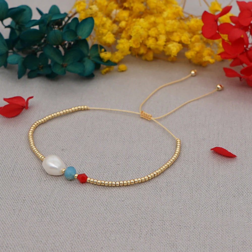 Tejesa  Gold Color Beaded Pulseras Jewelry Adjustable String Perlas Bracelets Simple Freshwater Pearl Bracelets for Women