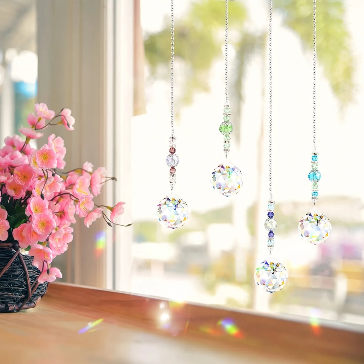 4 Pcs Window Crystal Suncatcher Hanging, Crystal Ball Prism Pendant Suncatcher Rainbow Maker with Chain for Garden Wedding Chris