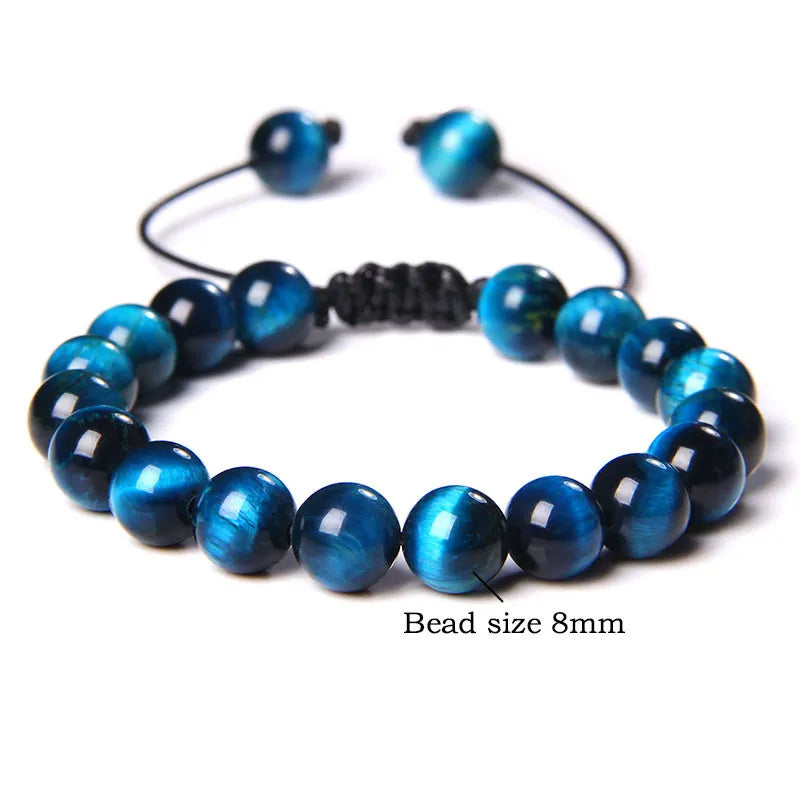 Hemasa Cool Royal Blue Tiger Eye Bracelets Natural Stone Tiger Eye Beaded Bracelets Pulsera Hombre Men Adjustable Woven Rope Bracelets