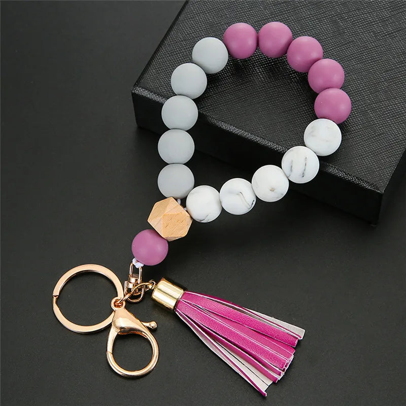Hemasa Silicone Beaded Tassel Keychain Lobster Clasp Pendant Keyring Bracelet Keychain For Women