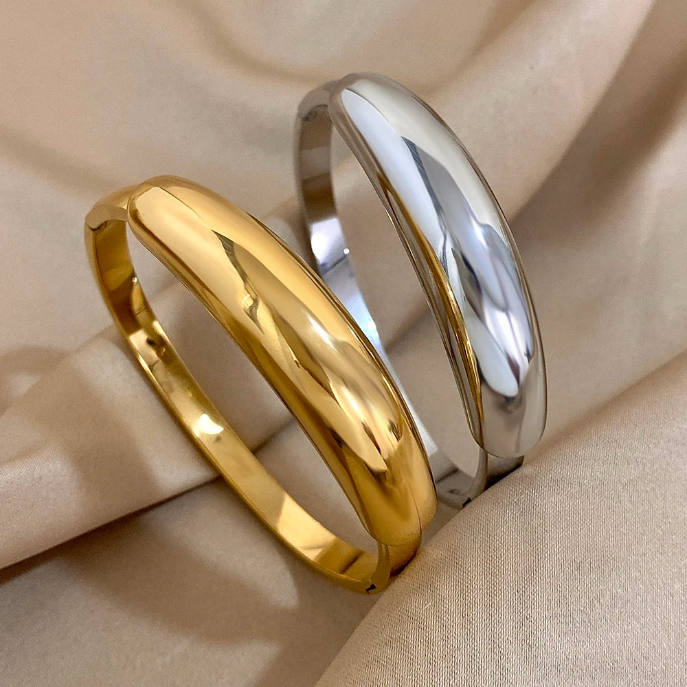 Greatera Fashion Smooth Curved Stainless Steel Cuff Bracelet Bangles for Women Gold Plated Chunky Waterproof Pulseras Jewelry