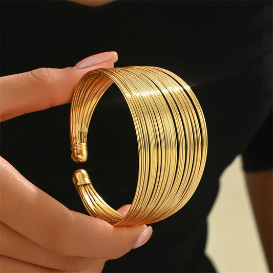 Vintage Punk Multi-Layer Opening Wide Cuff Bracelet For Women Gold Color Metal Adjustable Personality Bracelet Party Jewelry