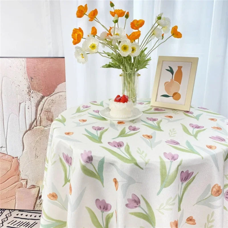 Korean Style Round Lattice Flower Tablecloth Floral Table Cloth for Dining Table Tea Coffee Table Cover Picnic Kitchen Decor