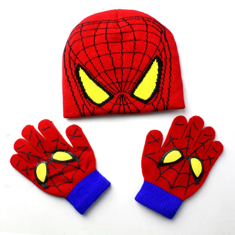 Disney Children's Hat Glove Set Baby Boys Knitted Hat Cartoon Warm Hat Cosplay Toy Marvel Spiderman Christmas Gift for Chridern
