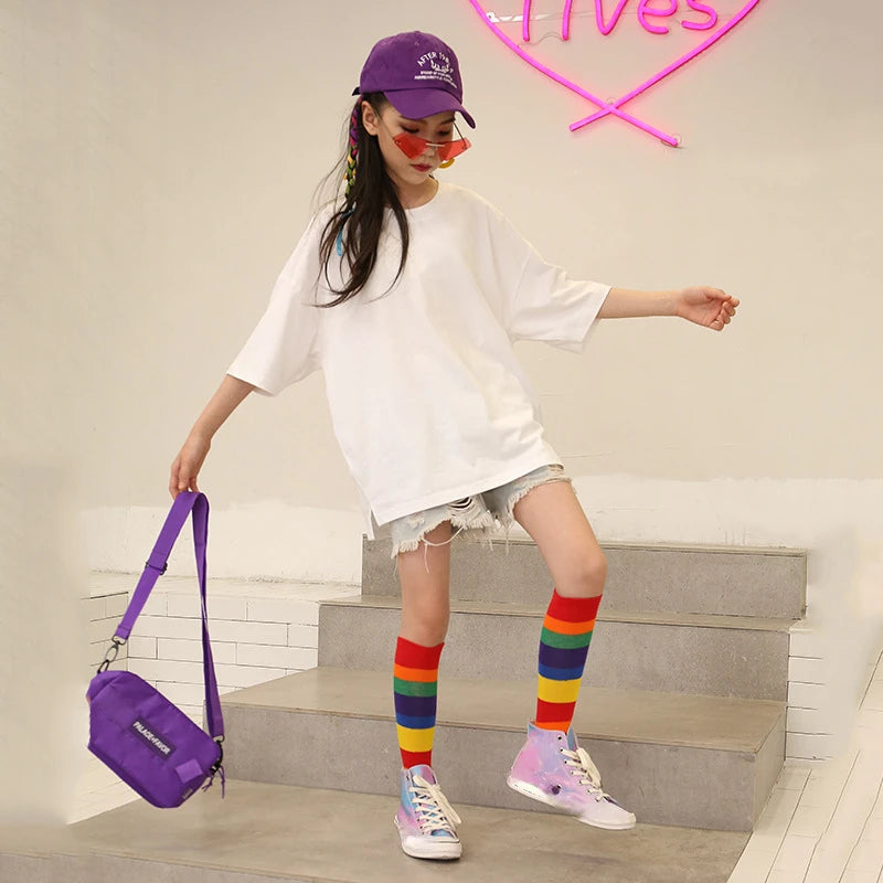Children Girls Socks Knee Casual Fashion Rainbow Striped Christmas Hose Kids Breathable Cotton Stocking Legwarmers