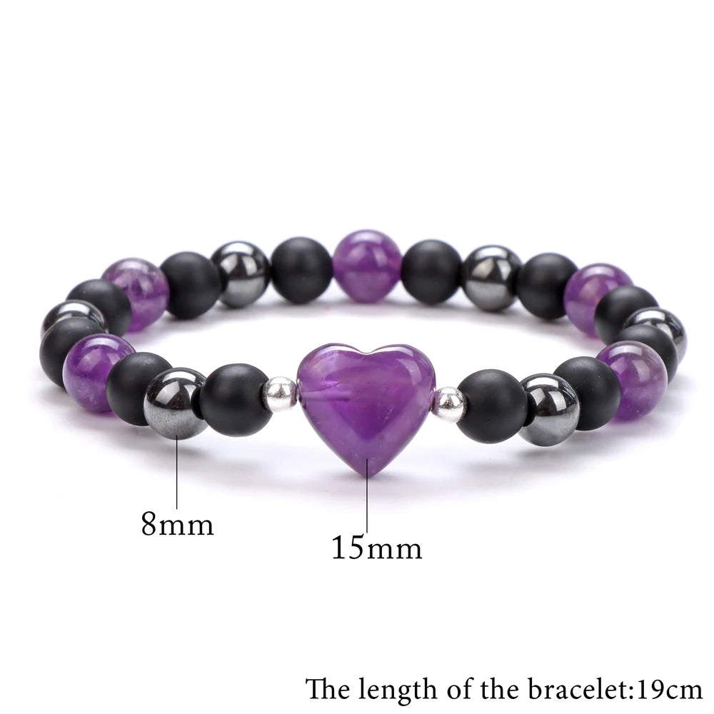 8mm Natural Stone Bracelet Love Heart Shape Tiger Eye Agates Quartz Beads Charm Bracelet for Women Men Fashion Jewelry Gift