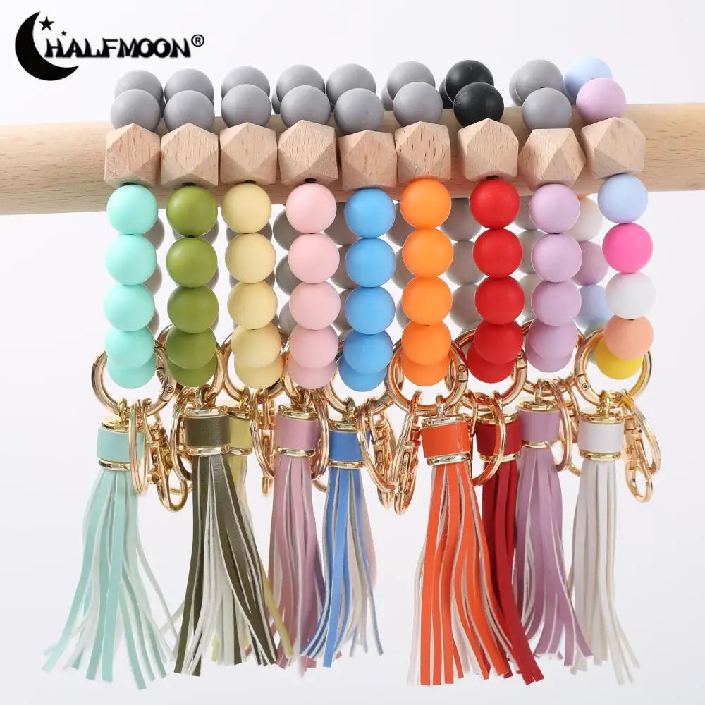 Fashion Anti-Lost Car Bag Key Chains Jewelry Gift Colorful Silicone Beaded Bracelet Keyring Women Girls Tassel Pendant Keychain