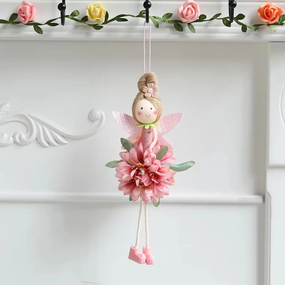 New Plush Flower Fairy Bunny Rabbit Dolls Hanging Ornaments Pink White Yellow Green Kids Girls Gifts Easter Home Decor