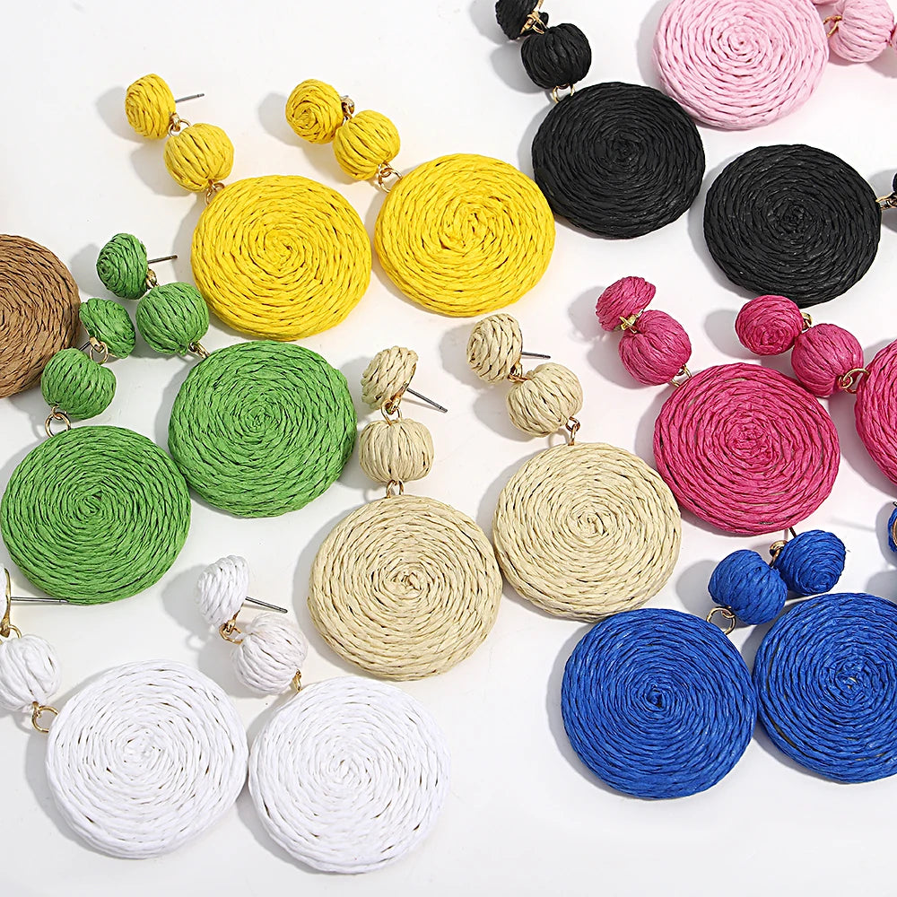 Hemasa  Rattan Knit Round Ball Drop Earrings For Women