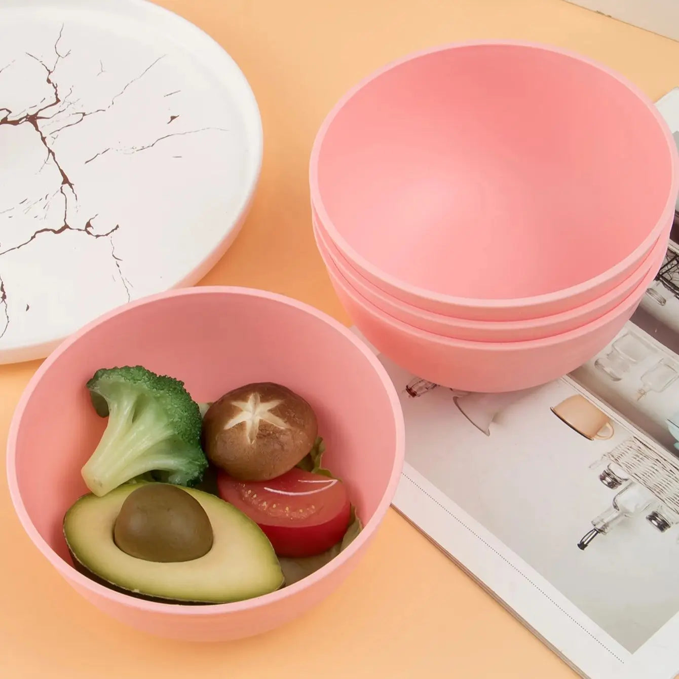 Hemasa 4/6/8pcs Pink food bowl Reusable plastic cutlery for dessert snacks Portable camping food bowls for going out