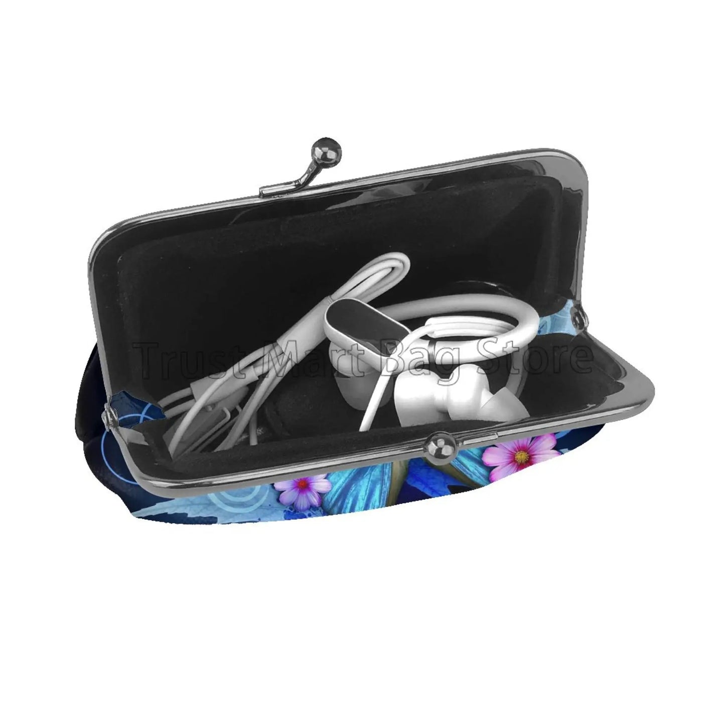 Hemasa Purple Blue Butterfly Mini Leather Coin Purse for Women Girl / Small Change Pouch with Kiss-Lock Clasp Closure Buckle Wallet Gift