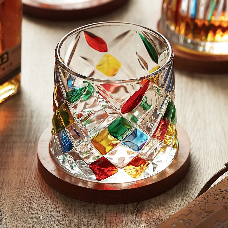 Hemasa 250 ml Rotating Crystal Whiskey Glasses With Wooden Coaster Tray/ Colored Glass Cup/ Colored Stress Relief Glass Cup