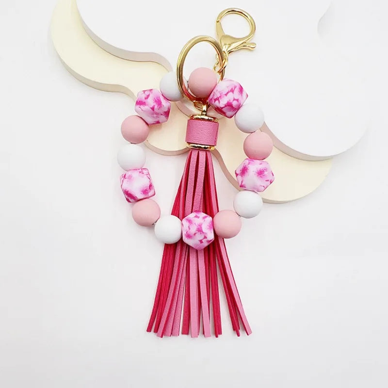 Hemasa Silicone Leopard Print Beads with  Tassel Car Keychain /Key Ring